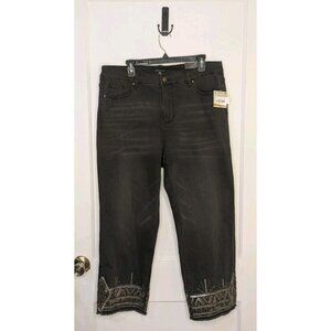 John Mark 16W Jeans Ash Black Wild Side Fancy Beads Sequin Raw Hem Straight $129